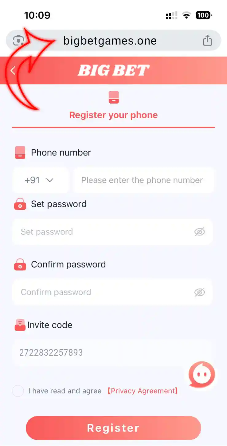 Big Bet Games Registration Step 1